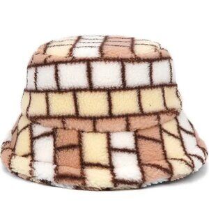 Plaid‎ Plush Bucket Hat Checkered Fuzzy Fisherman Cap Faux Fur Winter Warm Soft
